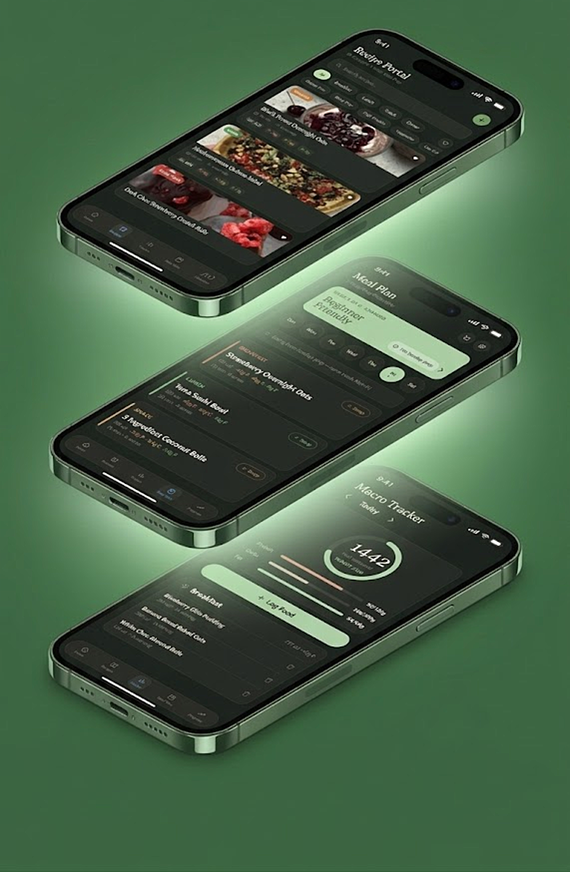 Nutrition Rx app shown on three phones — recipes, macro logging, and the goals tracker